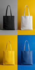Four colored tote bags arranged on different colored backgrounds