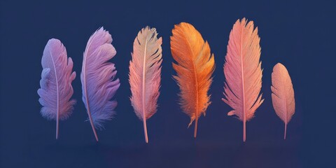 Colorful feathers arranged against a dark blue background.