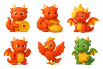 Whimsical cartoon dragons and phoenix collection for creative designs