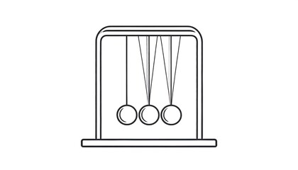 Linear rendition of a Newtons cradle with suspended spheres and frame, against a clean white background