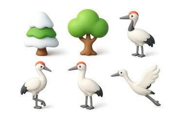 Obraz premium Cartoon icons of cranes and trees for creative design and decoration