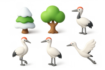 Cartoon icons of cranes and trees for creative design and decoration