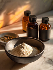 Powdered dietary supplement in a black bowl with capsules and amber bottles softly lit by warm sunlight, creating a clean, natural wellness and nutrition atmosphere