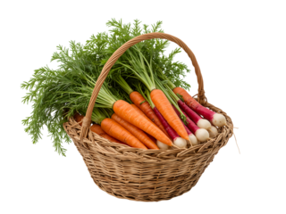 Woven basket with colorful exotic vegetables top view PNG isolated on transparent background