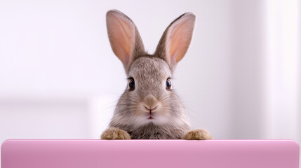 Obraz premium Rabbit peeking over a pink surface with alert ears in a minimalist studio setting. 