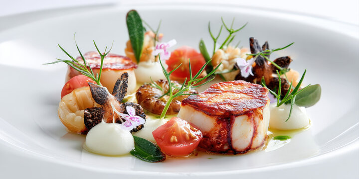 Exquisite Fine Dining Plating of Seared Scallops with Creamy Puree Fresh Cherry Tomatoes Edible Flowers and Decorative Green Herbs Served on a Minimalist White Porcelain Plate for Gourmet Restaurant