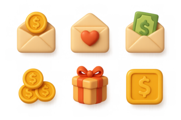 Cartoon envelope and money icons with gift box for communication and finance design