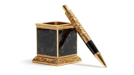 Gold-trimmed pen holder isolated on white background