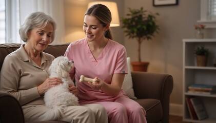 Caregiver in pink scrubs and senior woman playing with a small white dog on a sofa. Nurse holding a bone treat for a pet during a home visit