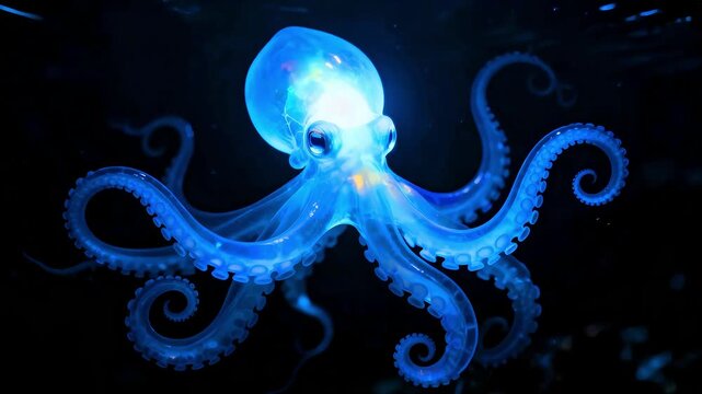 Bioluminescent blue octopus glows brightly in the deep dark ocean water showcasing its mesmerizing tentacles and large expressive eyes