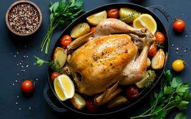  A golden-brown whole roasted chicken sits in a black oval pan surrounded by roasted potatoes and tomatoes.