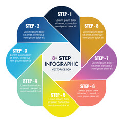 Colorful 8-step circular business cycle infographic vector for modern data visualization, workflow, marketing presentations, process analysis, and step-by-step business guides