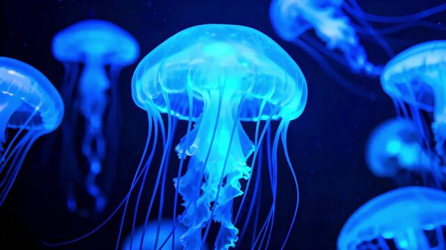 Bioluminescent blue jellyfish float gracefully in the deep dark ocean water creating a stunning ethereal underwater light display