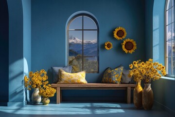 Sunflowers and view from a room interior design, nature scenery