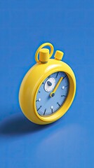 A bright yellow clock on a solid blue surface.