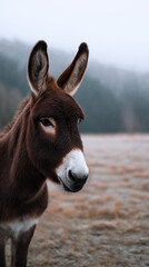 Fototapeta premium Portrait of a donkey standing outdoors with soft natural background. 