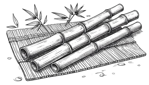 Hatchwork illustration of bamboo stalks lying on a woven mat, with scattered droplets and leafy sprigs