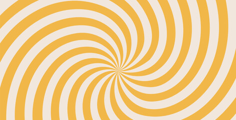 Groovy spiral simple starburst background. Retro spiral yellow sun rays abstract illustration. Vector wavy retro decoration. Radial carnival stripes vintage backdrop. Sunburst 70s pop art design.