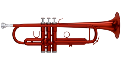 Red trumpet with valves and mouthpiece isolated on transparent background