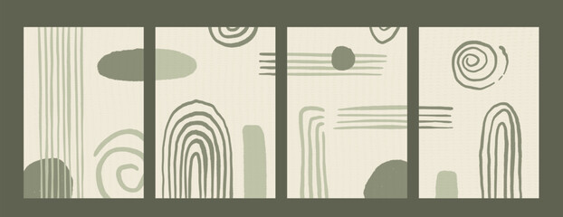 Boho olive wall arts. Line and arch posters set. Abstract japandi interior walls. Vector geometry and organic shapes background zen aesthetic. Ink brush hand drawn lines and circle figures on beige bg