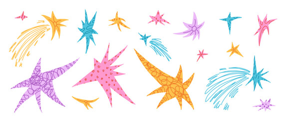 Space stars with chalk-like texture paper cutout set. Hand-drawn sparks scrapbook sticker doodle elements. Perfect for creative illustrations, graphic designs. Vector blinks pastel elements isolated.