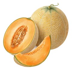 Fresh Cantaloupe Melon, Whole and Slice, Isolated on Transparent Background