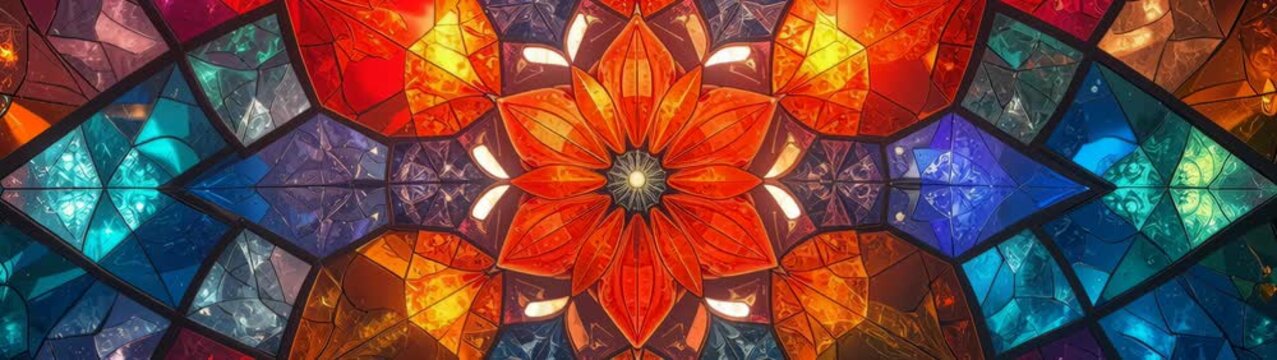 Stained glass window creating elaborate colorful floral mandala pattern.