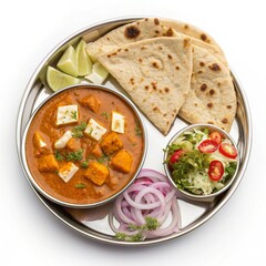 Traditional North Indian Thali Featuring Paneer Masala, Top View