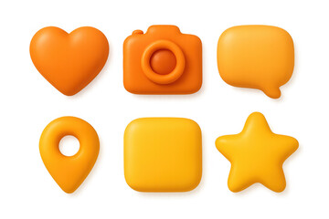 Vibrant orange icon set with heart, camera, and star symbols for modern design