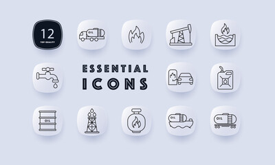 Oil industry set icon. Icons illustrate barrel, oil truck, flame, gas pump, refinery, drilling rig, fuel tank, container, transport ship, and flammable symbols.