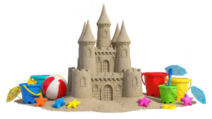 Sandcastle with beach toys isolated on transparent background