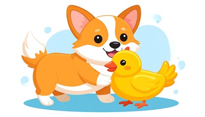 Obraz premium Cartoon dog happily interacts with a yellow duckling, on blue background