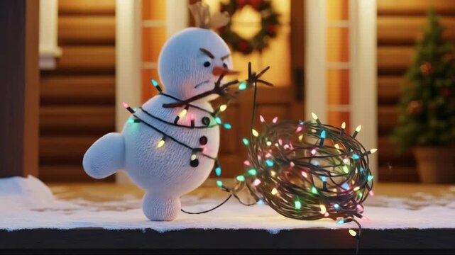 Knitted snowman character struggles with tangle of colorful Christmas lights in a snowy winter scene animation.