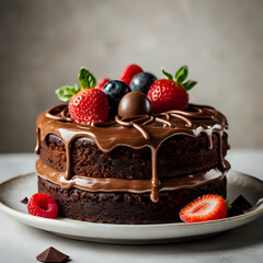 chocolate cake with strawberry, white background