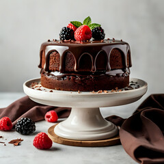 chocolate cake with berries, white background