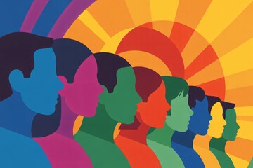  A row of colorful silhouette profiles faces the right side against a stylized sunburst background. 