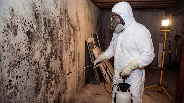 Professional mold remediation service toxic contamination removal treatment basement residential property damage restoration cleanup requiring protective equipment safety protocol for health hazard