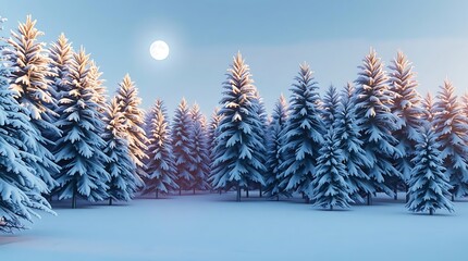 Ultra-realistic 3D render of a snowy forest clearing on Christmas Eve, with soft moonlight filtering through pine trees laden with snow, creating a serene and magical atmosphere