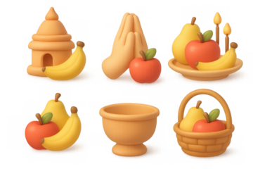 Festive fruit offering icons with basket, bowl, and candle elements for seasonal design