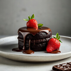 chocolate cake with strawberries, white background