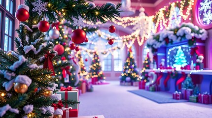 Ultra-realistic 3D render, a detailed and immersive Christmas environment, utilizing a full spectrum of festive colors and sharp, clear textures