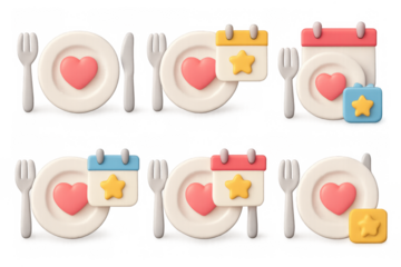 Charming dinner icon set with plates and calendar in pastel colors for digital design projects