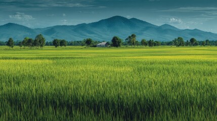 Obraz premium Vast green rice field stretching towards distant mountains and a small house