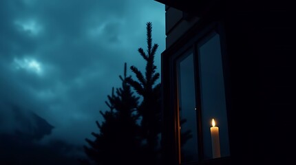 Ultra-realistic cinematic shot, a dramatic Christmas Eve, stormy skies, single candle lit window, silhouette of a fir tree, melancholic beauty