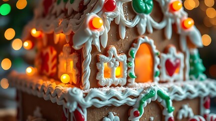 Ultra-realistic close-up of a gingerbread house adorned with icing, candy, and Christmas lights