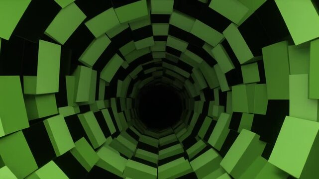 Abstract Geometric Tunnel of Green Squares Creates an Illusion of Depth on a Black Background in a Visually Captivating Render