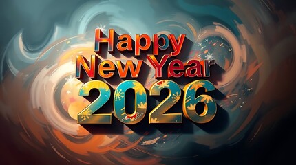 Ultra-realistic digital painting, a dynamic composition with stylized Happy New Year 2026 in bold, angular lettering against a backdrop of abstract, swirling colors