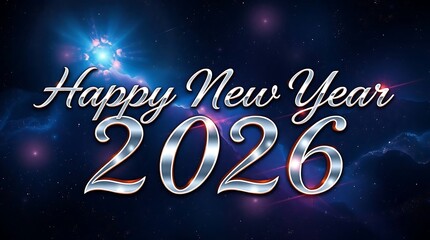 Ultra-realistic digital painting, Happy New Year 2026 in elegant, cursive silver lettering, framed by abstract celestial patterns and nebula