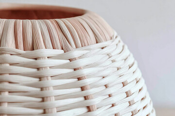 Close-up horizontal macro shot of woven lamp, focusing on rattan and wicker textures and fibers, warm soft light, intricate patterns, shallow depth, bokeh background, minimal neutral tones.