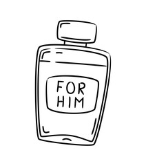 Hand drawn cologne perfume bottle gift with For Him lettering. Cute doodle style black line art on white background for Valentine's Day cards, men's grooming packaging, social media, branding.